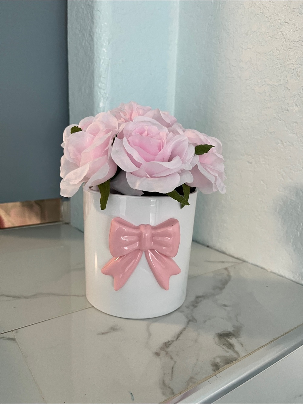 Pink Bow Vase with Pink Rose Arrangement